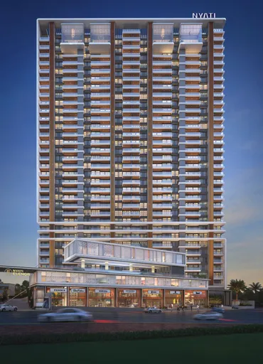 Nyati Elenor tower elevation with retail podium, Lullanagar